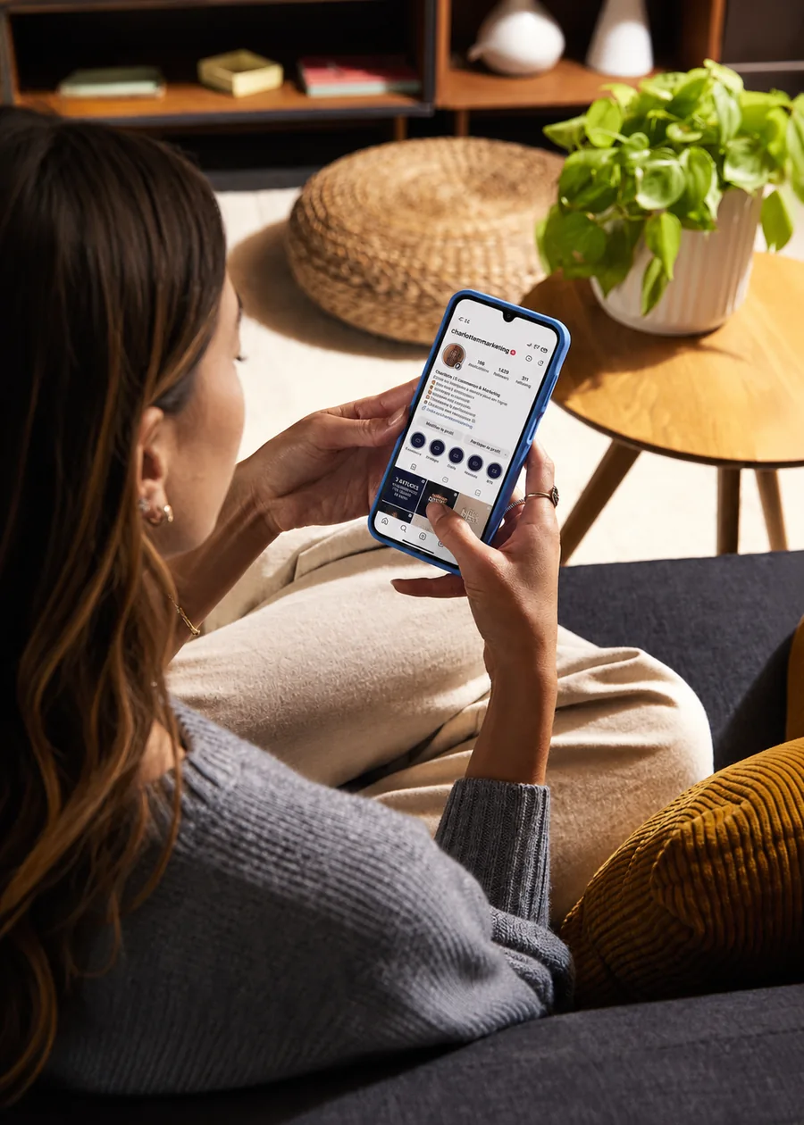 Consultant checking an Instagram profile on a smartphone
