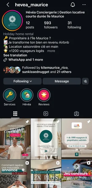 Compte Instagram Hévéa Conciergerie actuel