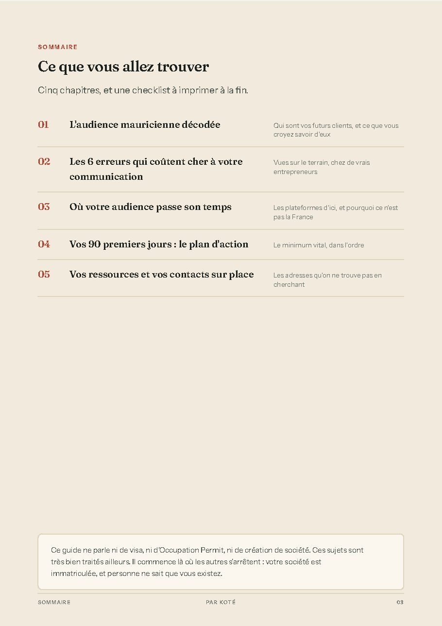 Le sommaire du guide : cinq chapitres et une checklist à imprimer
