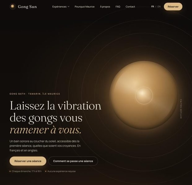 Page d’accueil du site Gong Sun, bains sonores à Tamarin